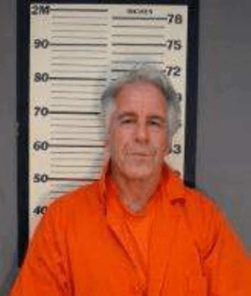 Stylized portrait of Jeffrey Epstein from a public mugshot, used here as parody art direction.